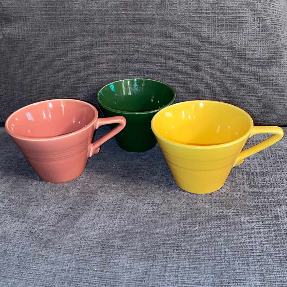 3 Vintage Homer Laughlin Harlequin Rose Yellow Green Coffee Mug Tea Cups